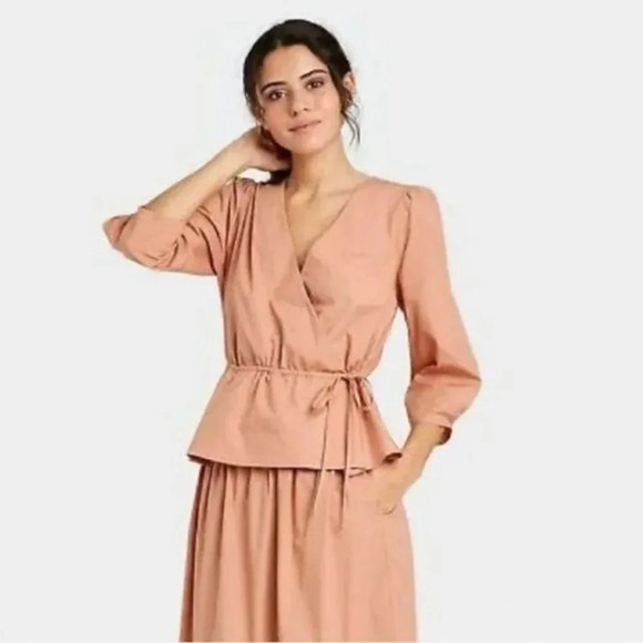 A New Day Blush Pink Puff Sleeve Wrap Peplum Long Sleeve Blouse XS - Picture 1 of 5